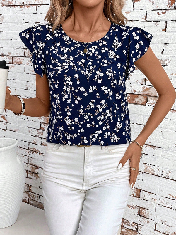 Clasi Blusa floral de verano azul con doble capa de manga con volantes