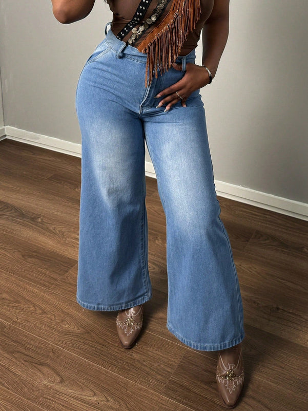 Jeans informales de pierna ancha recta y cintura alta con doble boton para mujer, estilo holgado