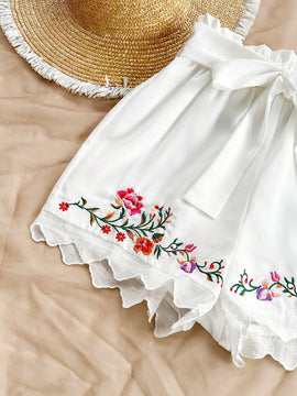 WYWH Shorts holgados con cintura alta y bordado floral para mujer ideal para vacaciones