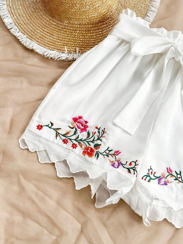 WYWH Shorts holgados con cintura alta y bordado floral para mujer ideal para vacaciones