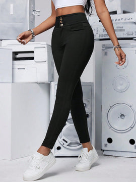 PETITE Pantalones largos casuales de unicolor para mujer con ajuste delgado