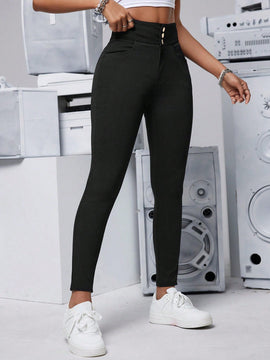 PETITE Pantalones largos casuales de unicolor para mujer con ajuste delgado