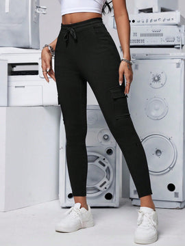 PETITE Pantalones de utilidad casuales de unicolor para mujer, ajustados y elegantes