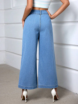 Essnce Jeans informales de pierna ancha para mujer con doble bolsillo, Jean lavado