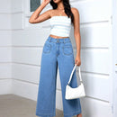 Essnce Jeans informales de pierna ancha para mujer con doble bolsillo, Jean lavado