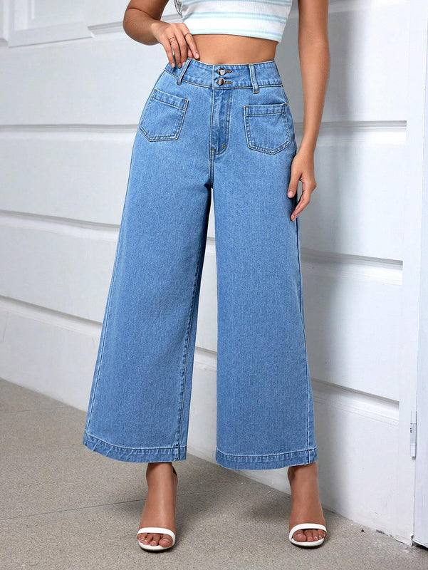 Essnce Jeans informales de pierna ancha para mujer con doble bolsillo, Jean lavado