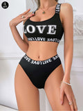 Conjunto de sujetador y bragas con correas cruzadas y estampado de letras LOVE para mujeres