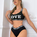 Conjunto de sujetador y bragas con correas cruzadas y estampado de letras LOVE para mujeres