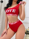 Conjunto de sujetador deportivo y panty sexy con diseno sin espalda e impresion de letra "LOVE"