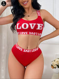 Conjunto de sujetador deportivo y panty sexy con diseno sin espalda e impresion de letra "LOVE"
