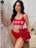 Conjunto de sujetador deportivo y panty sexy con diseno sin espalda e impresion de letra "LOVE"