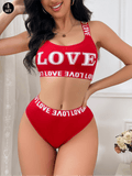 Conjunto de sujetador deportivo y panty sexy con diseno sin espalda e impresion de letra "LOVE"