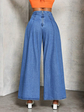 Slayr Jeans de moda de cintura alta y pierna ancha para mujer con pliegues sueltos