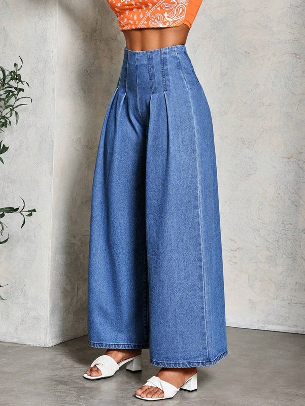 Slayr Jeans de moda de cintura alta y pierna ancha para mujer con pliegues sueltos