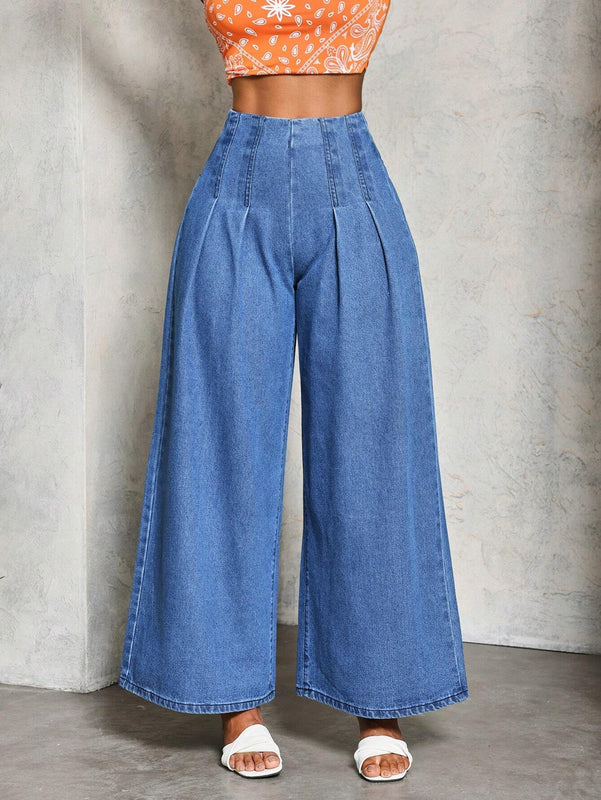 Slayr Jeans de moda de cintura alta y pierna ancha para mujer con pliegues sueltos