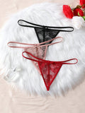 Set de 3 piezas de pantis de encaje transparente con diseno de lazo sexy para mujer