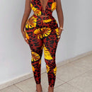 Slayr Conjunto tropical con top halter estampado y crop, espalda abierta y leggings estampados con diseno tropical para vacaciones (talla E)