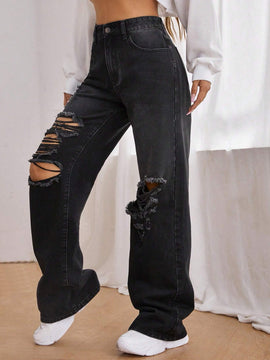 EZwear Jeans desgarro de pierna ancha