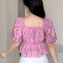 NEW DAZY Blusa corta para mujer sencilla con mangas abullonadas y plisado