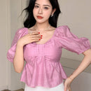 NEW DAZY Blusa corta para mujer sencilla con mangas abullonadas y plisado