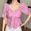 NEW DAZY Blusa corta para mujer sencilla con mangas abullonadas y plisado