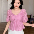 NEW DAZY Blusa corta para mujer sencilla con mangas abullonadas y plisado