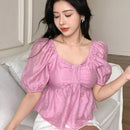NEW DAZY Blusa corta para mujer sencilla con mangas abullonadas y plisado