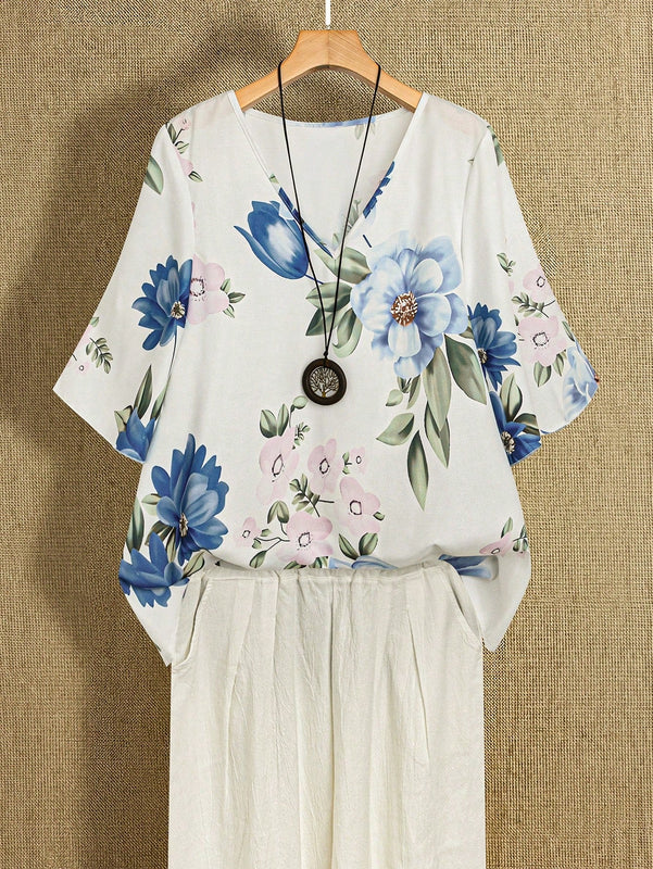 EMERY ROSE Camisa casual de mujer con estampado floral y cuello en V