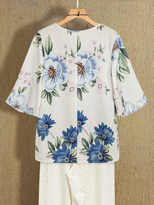 EMERY ROSE Camisa casual de mujer con estampado floral y cuello en V