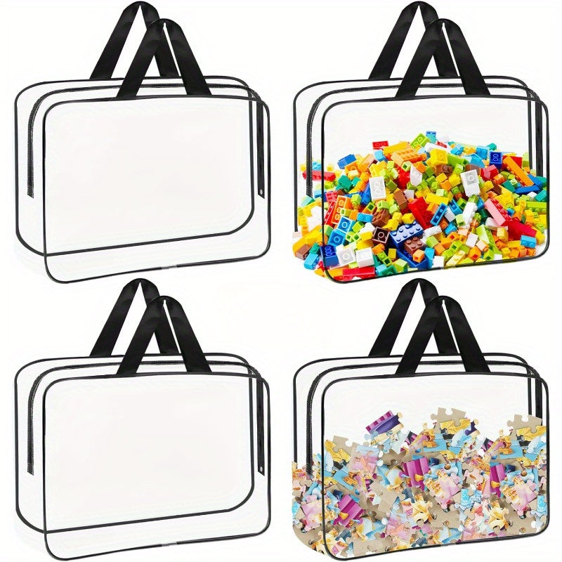Juego de 4 bolsas de almacenamiento de juguetes grandes, bolsa de almacenamiento de juegos de ajedrez transparente y reutilizable de PVC, bolsa de almacenamiento de viaje con cremallera, para bloques de construcción, rompecabezas, libros de estudiantes.