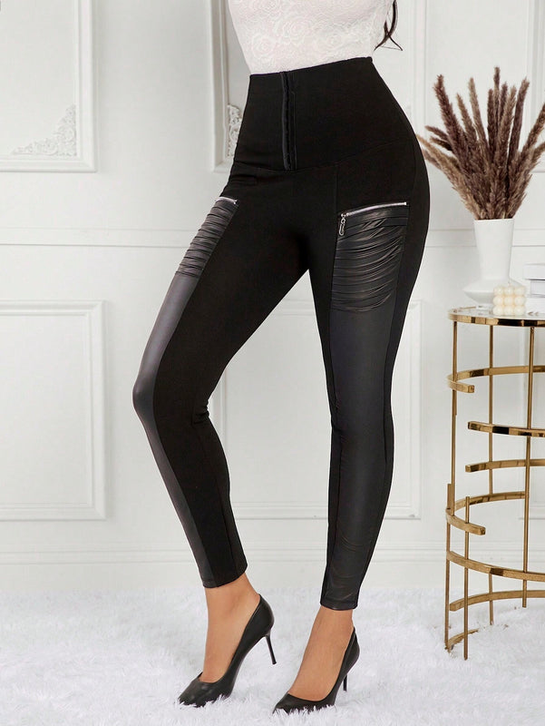 Lady Pantalones de PU ajustables para mujer con tirantes, cintura alta, bolsillo con cremallera y diseno de parches, a juego con camiConjuntoa de mujer