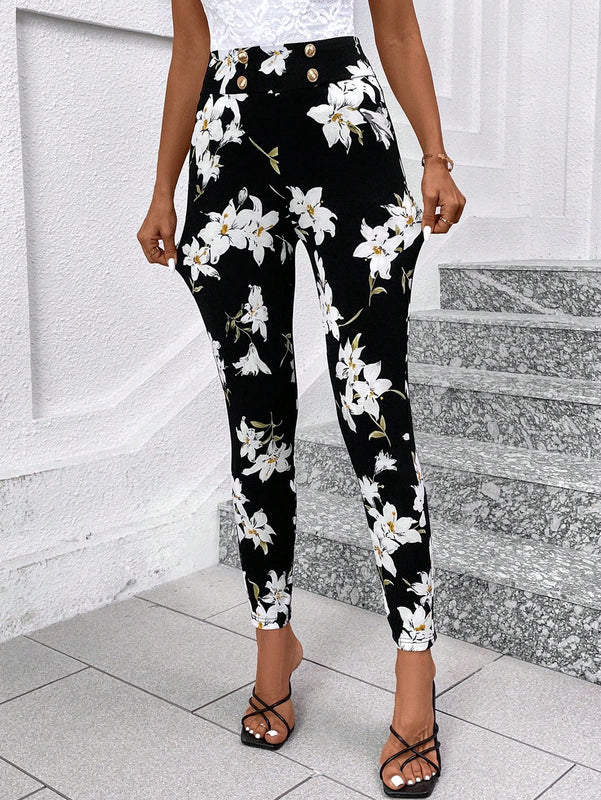 Clasi pantalones pitillo de cintura alta con detalle de botones, alta elasticidad