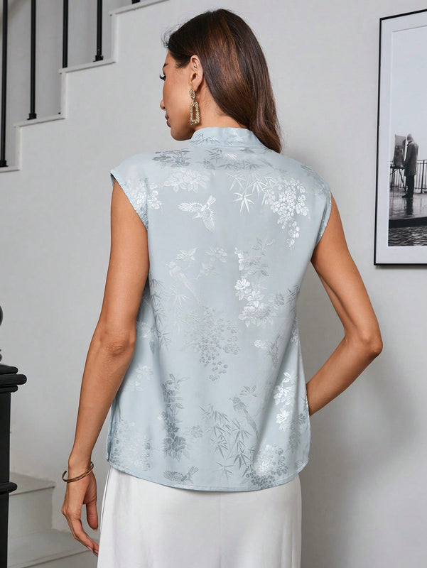 NEW  Prive Blusa sin mangas de estilo chino retro con cuello mao y hebilla con estampado aleatorio