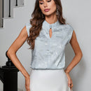 NEW  Prive Blusa sin mangas de estilo chino retro con cuello mao y hebilla con estampado aleatorio