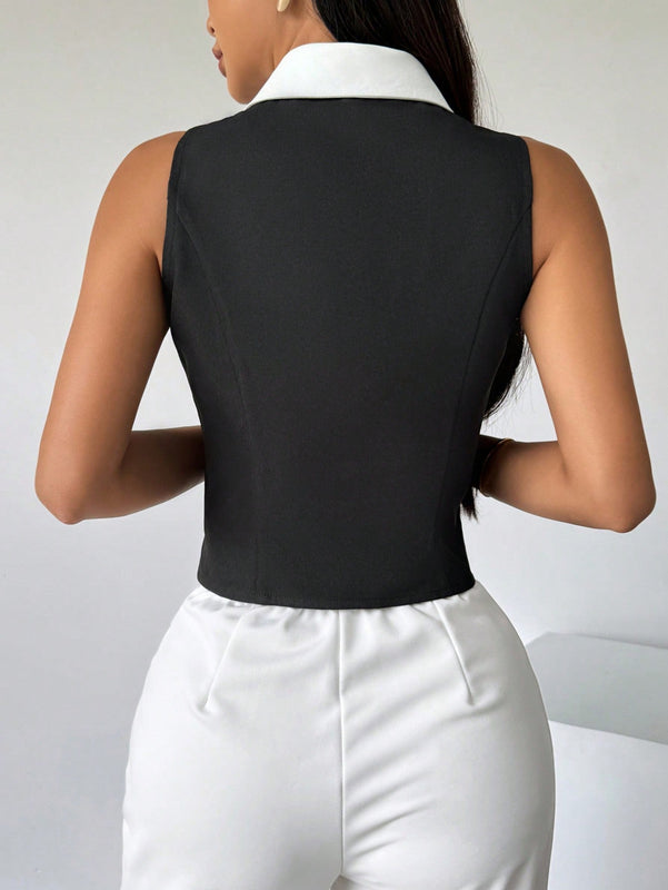 Prive Camisa sin mangas para mujer con bloques de color y cierre de botones delantero, estilo elegante para el verano