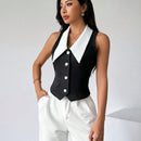 Prive Camisa sin mangas para mujer con bloques de color y cierre de botones delantero, estilo elegante para el verano