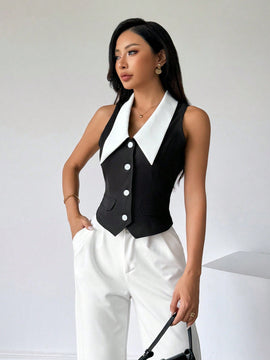 Prive Camisa sin mangas para mujer con bloques de color y cierre de botones delantero, estilo elegante para el verano