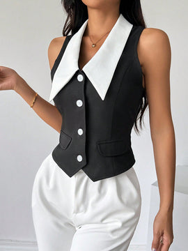 Prive Camisa sin mangas para mujer con bloques de color y cierre de botones delantero, estilo elegante para el verano
