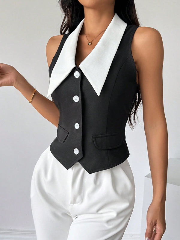 Prive Camisa sin mangas para mujer con bloques de color y cierre de botones delantero, estilo elegante para el verano
