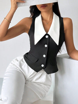 Prive Camisa sin mangas para mujer con bloques de color y cierre de botones delantero, estilo elegante para el verano