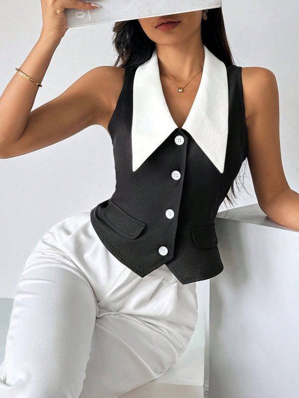 Prive Camisa sin mangas para mujer con bloques de color y cierre de botones delantero, estilo elegante para el verano