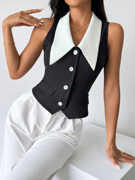 Prive Camisa sin mangas para mujer con bloques de color y cierre de botones delantero, estilo elegante para el verano