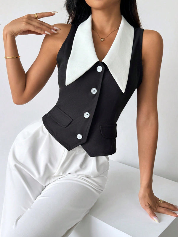 Prive Camisa sin mangas para mujer con bloques de color y cierre de botones delantero, estilo elegante para el verano