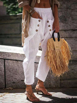 LUNE Pantalon casual solido de mujer con bolsillos y cintura elastica