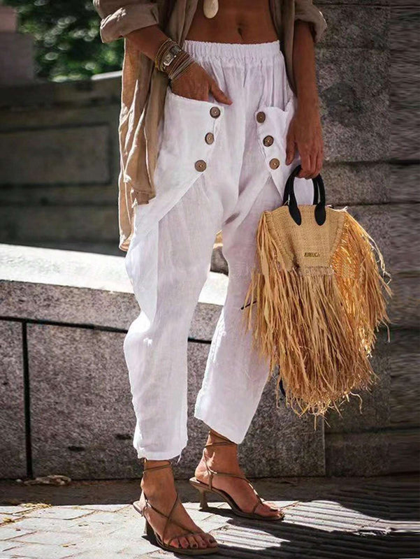 LUNE Pantalon casual solido de mujer con bolsillos y cintura elastica