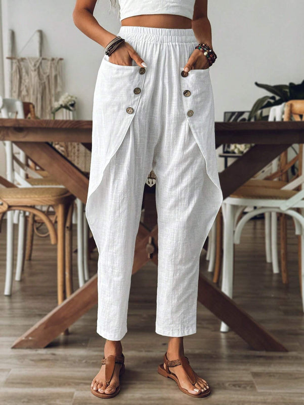 LUNE Pantalon casual solido de mujer con bolsillos y cintura elastica
