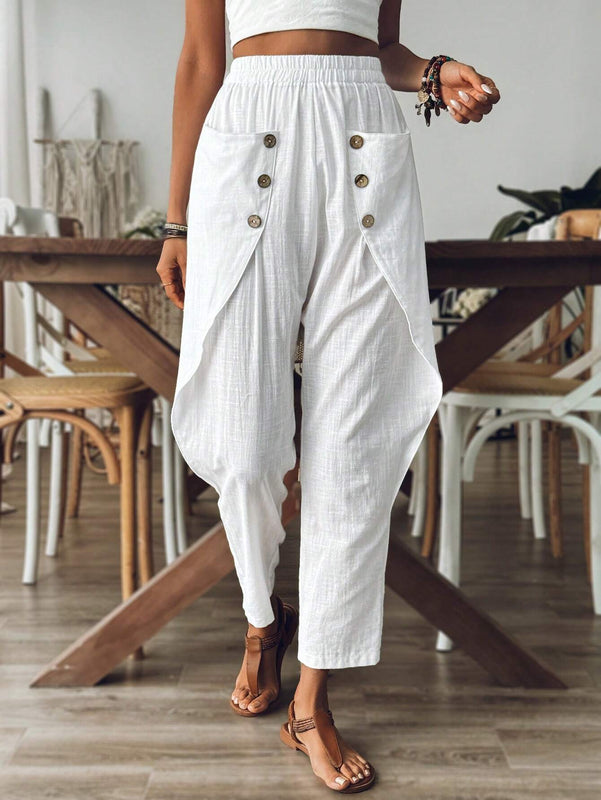 LUNE Pantalon casual solido de mujer con bolsillos y cintura elastica