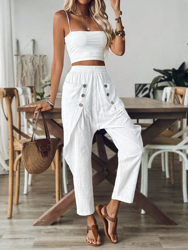 LUNE Pantalon casual solido de mujer con bolsillos y cintura elastica