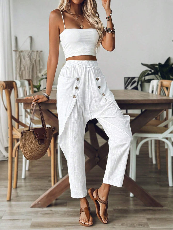 LUNE Pantalon casual solido de mujer con bolsillos y cintura elastica