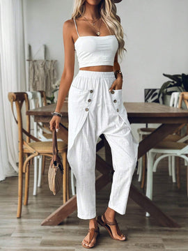 LUNE Pantalon casual solido de mujer con bolsillos y cintura elastica